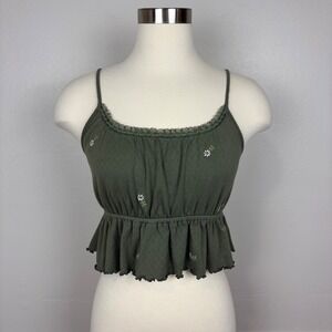 American Eagle Cropped Tank Top Size M Cami Green Embroidered Daisy Babydoll